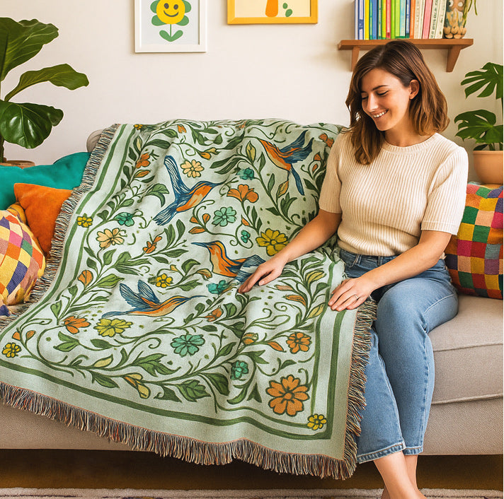 Hummingbird Garden Woven Cotton Blanket