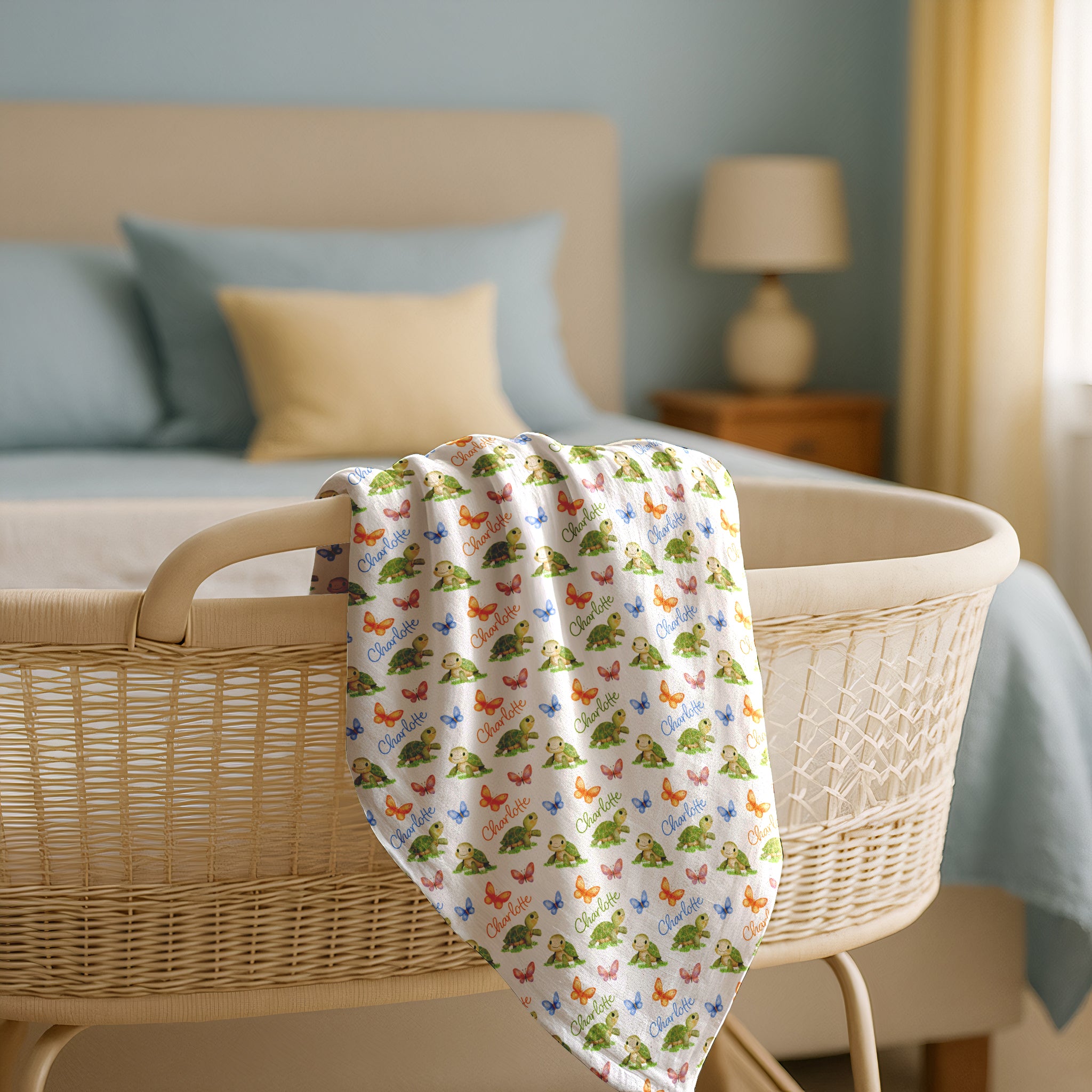 Personalized Turtle and Butterfly Swaddle Blanket