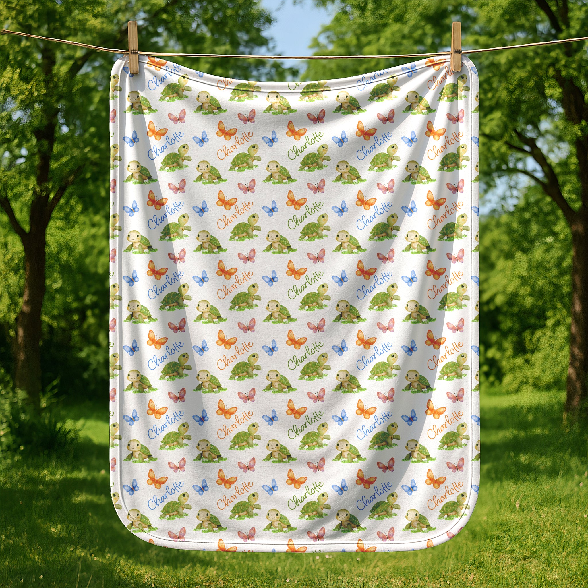 Personalized Turtle and Butterfly Swaddle Blanket