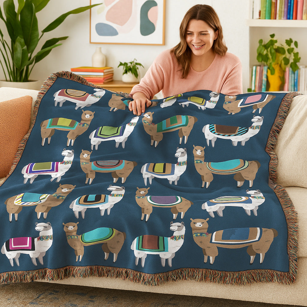 Alpaca Woven Blanket – Soft Cotton Throw with Fringe