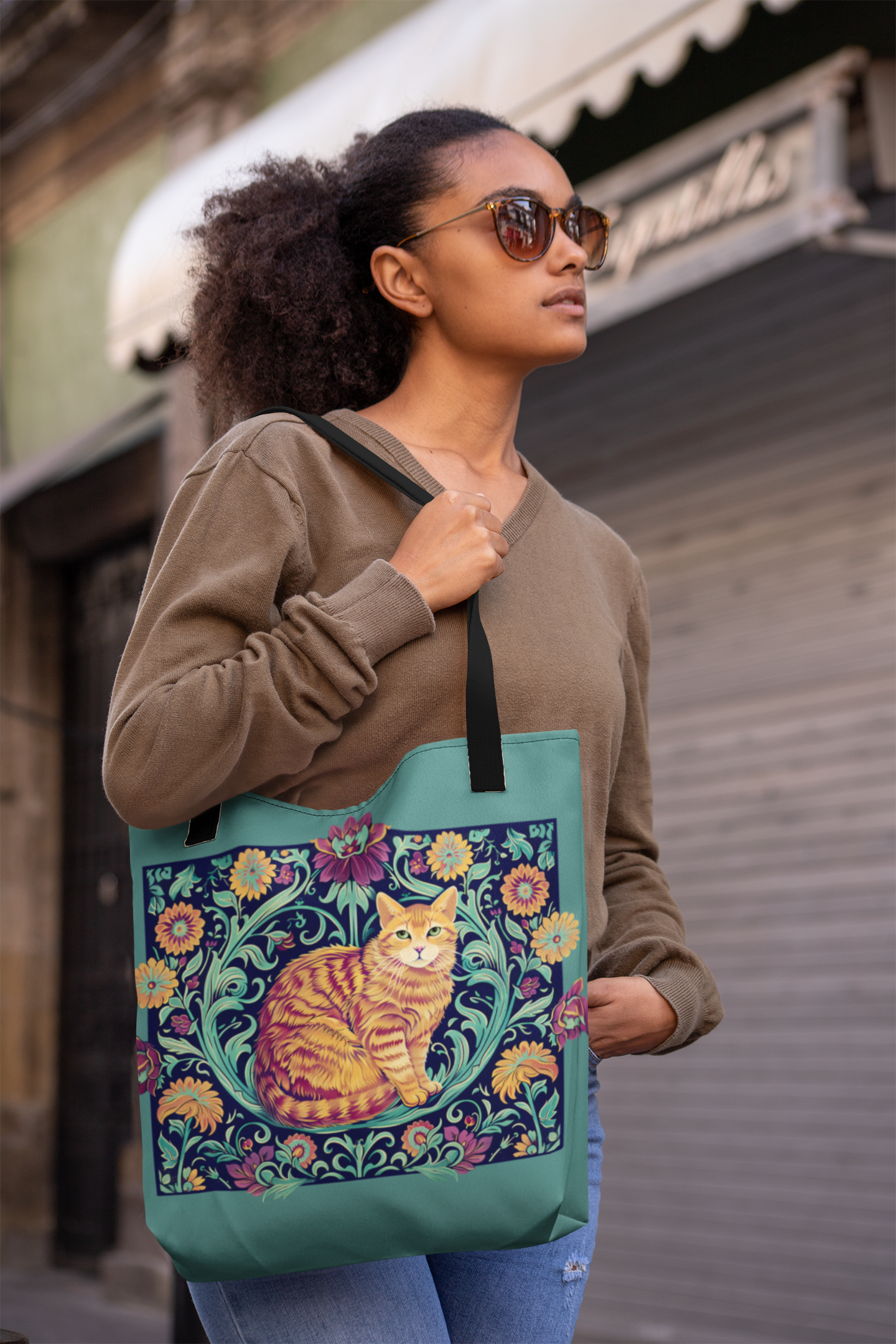 William Morris inspired Ginger Cat Large Tote Bag 16X20